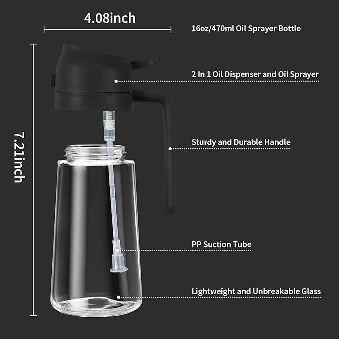 Glass Oil Sprayer and Dispenser Bottle, 500ml Capacity, 2-in-1 Design