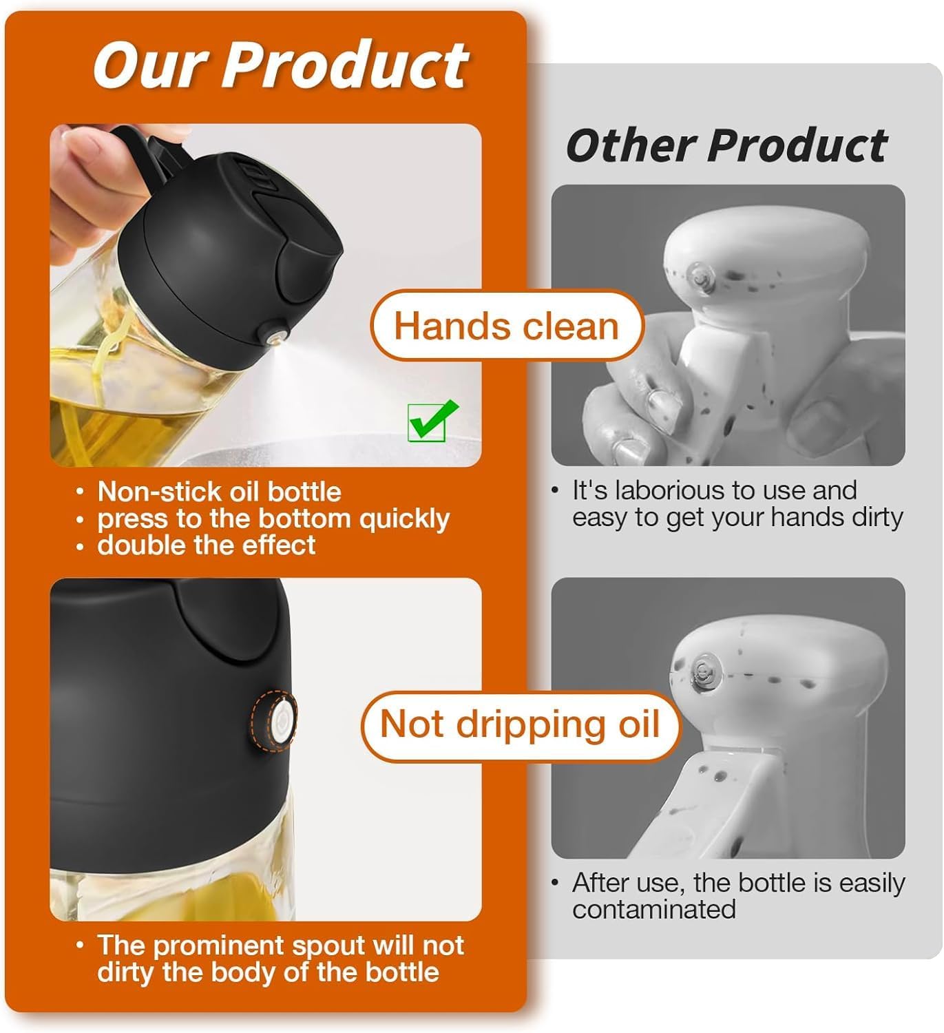 Glass Oil Sprayer and Dispenser Bottle, 500ml Capacity, 2-in-1 Design
